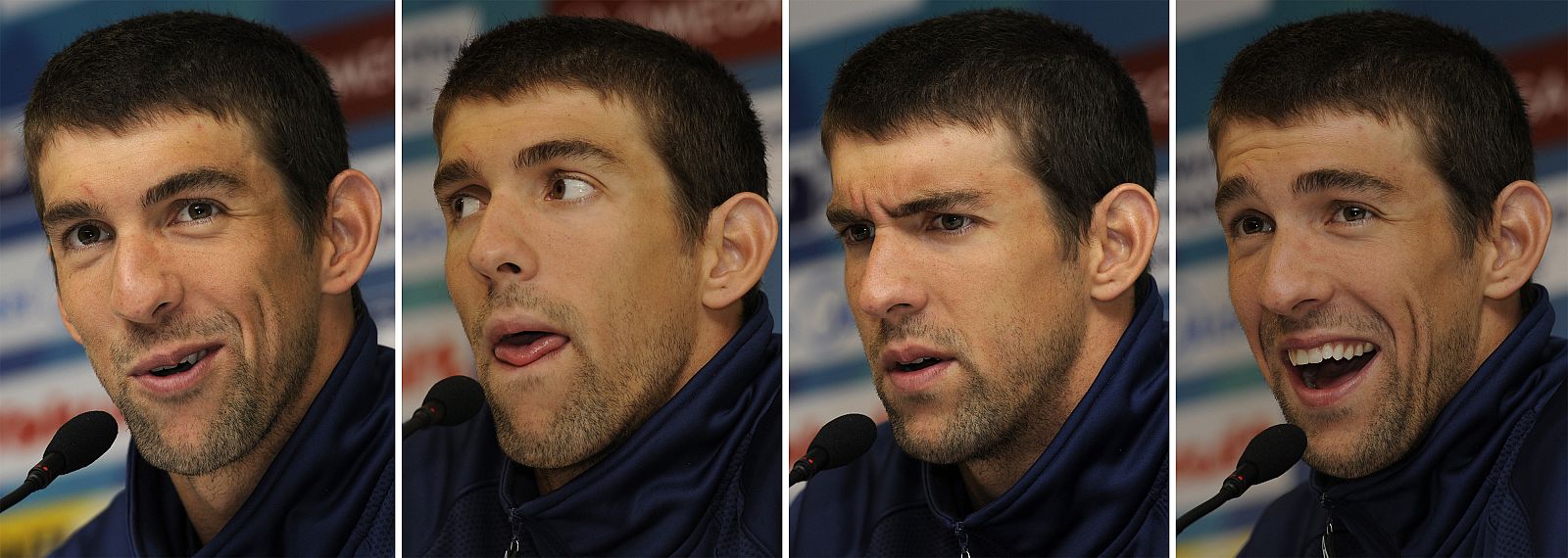 Michael Phelps, en un combo de imágenes de su rueda de prensa en Shanghái, donde participa en el Mundial de Natación.