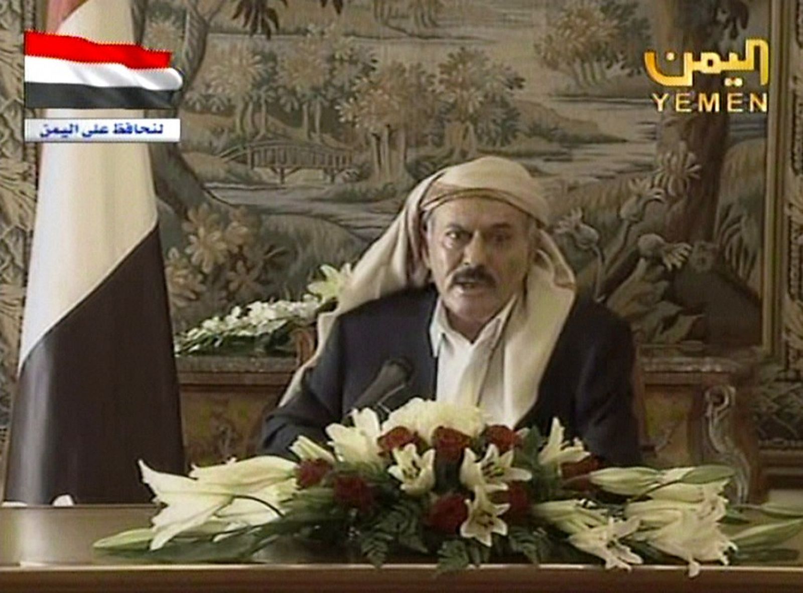 Imagen de televisión del discurso del presidente de Yemen.