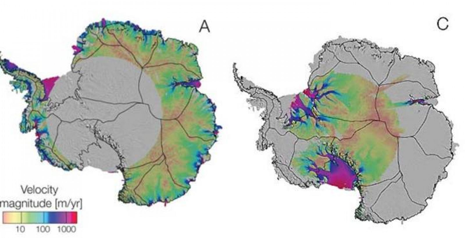 El primer mapa del movimiento del hielo de la Antártida