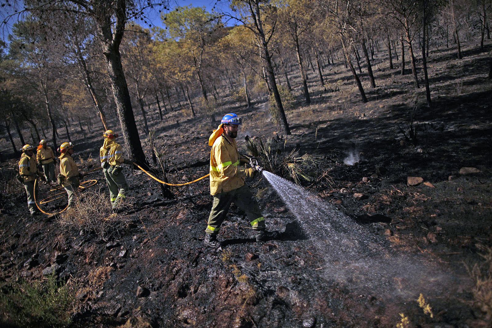 Los bomberos trabajan para apagar el fuego declarado en un paraje de Mijas, en Málaga.jas