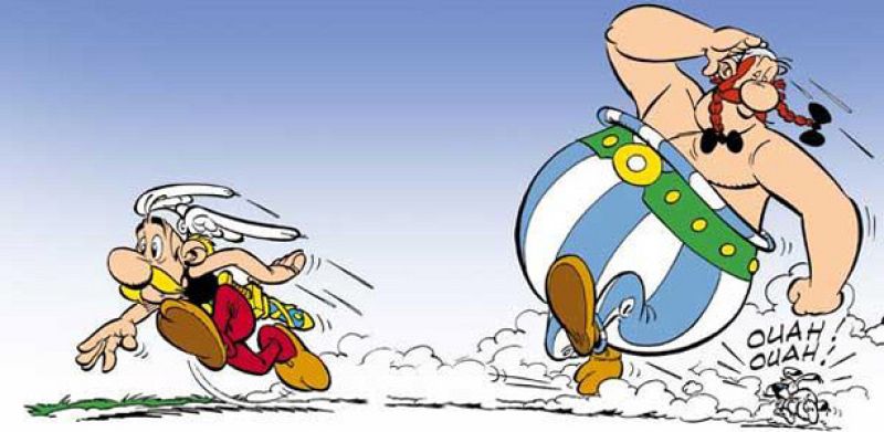 Astérix, Obélix e Idefix dibujados por Albert Uderzo