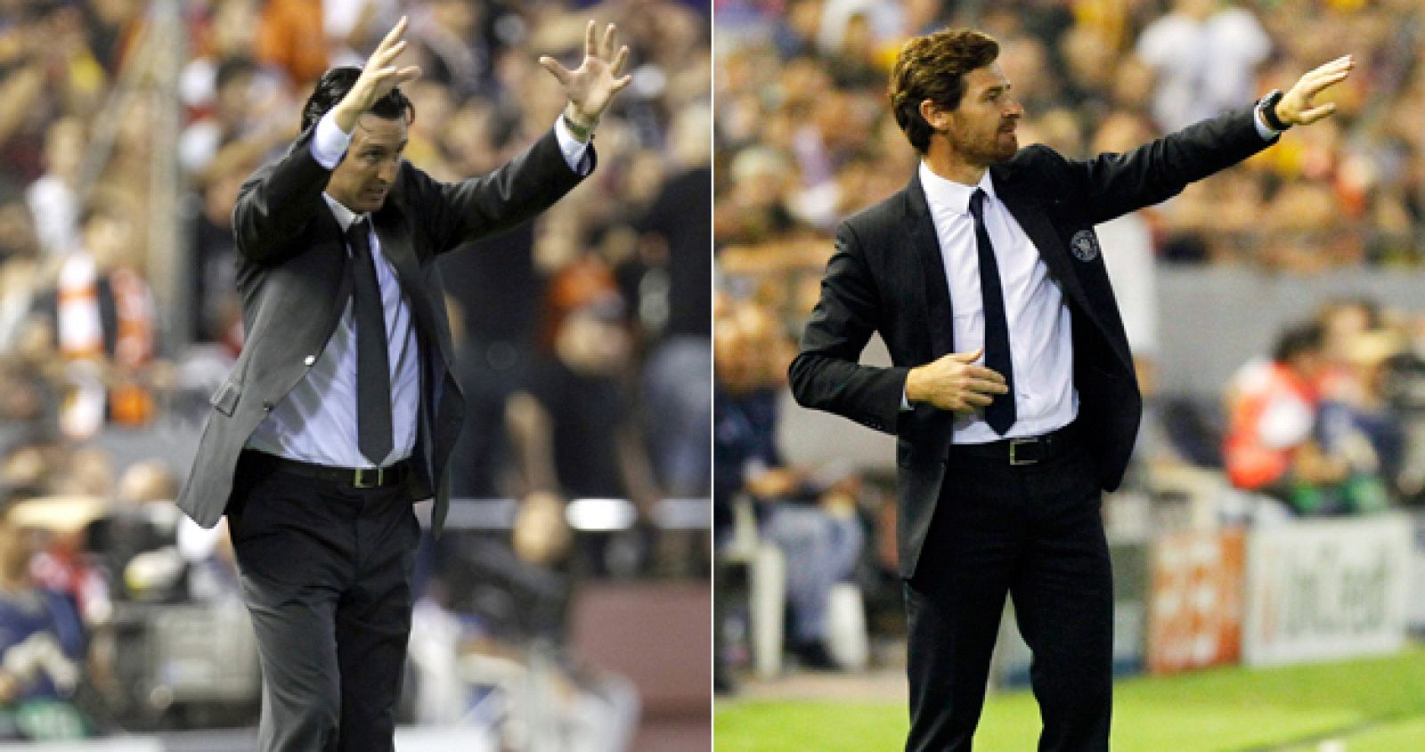 El técnico del Valencia, Unai Emery, y su homólogo en el Oporto, Luis André Villas-Boas, durante un el encuentro de Champions en Mestalla.