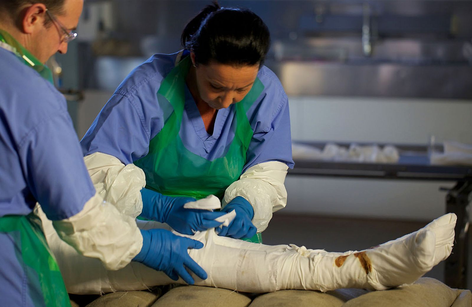 Los médicos forenses durante el procedimiento de momificación
