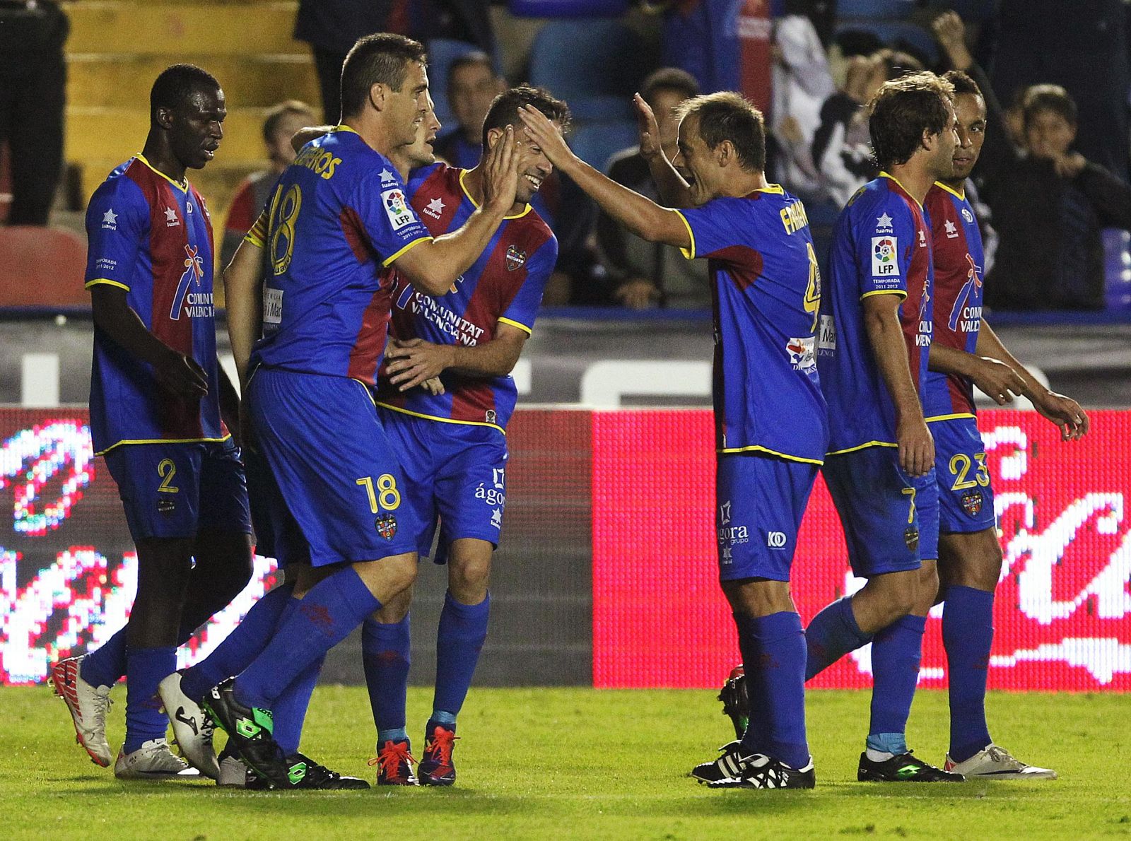 Levante's players celebrate after scoring against Real Sociedad during their Spanish first division soccer match in Valencia