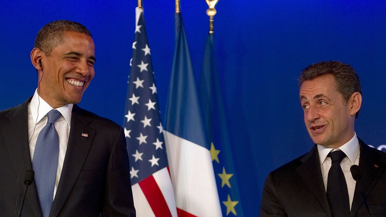 Obama y Sarkozy durante la rueda de prensa posterior a su reunión