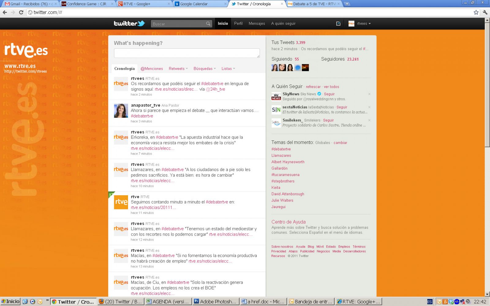 Imagen del Twitter de RTVE.es y el 'hashtag' #debatertve, como 'trending topic' mundial