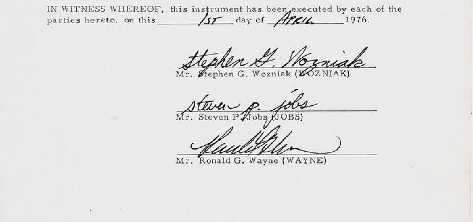 El documento de la creación de Apple cuenta con la firma de Jobs, Wozniak y Wayne