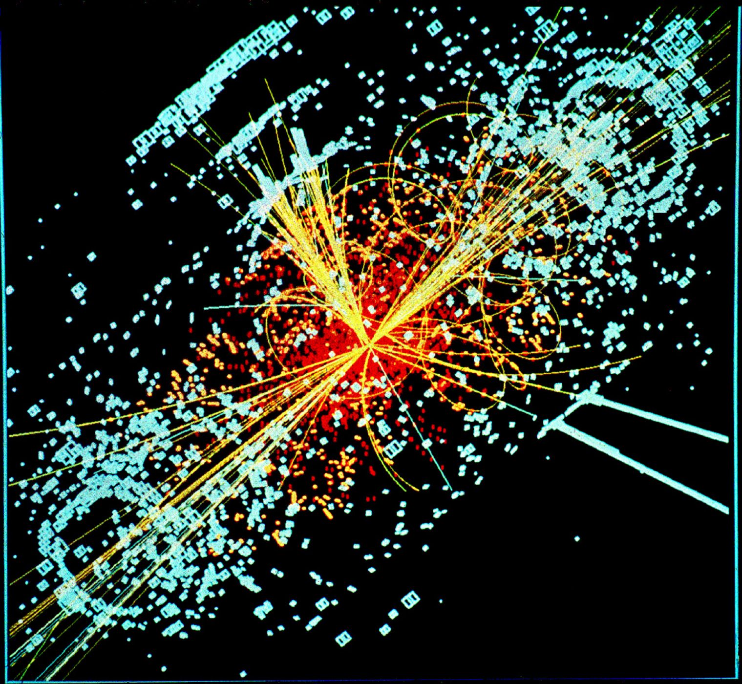 Una simulación del detector CMS del LHC, que muestra cómo se prevé que sean las trazas del bosón de Higgs.