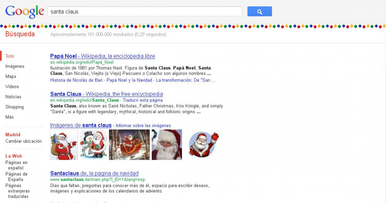Una guirnalda de luces de colores adorna la búsqueda de 'Santa Claus' y 'Christmas'
