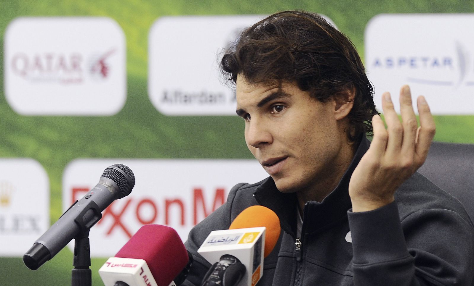 Spain's Rafael Nadal attends a news conference at the ATP Qatar Open tennis tournament in Doha