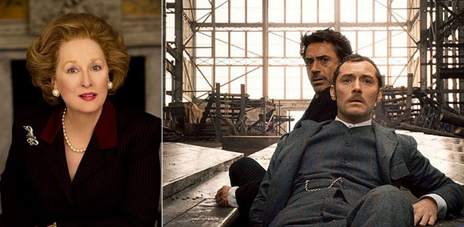 Meryl Streep como 'La Dama de Hierro' y Robert Downey Jr. y Jude Law en Sherlock Holmes