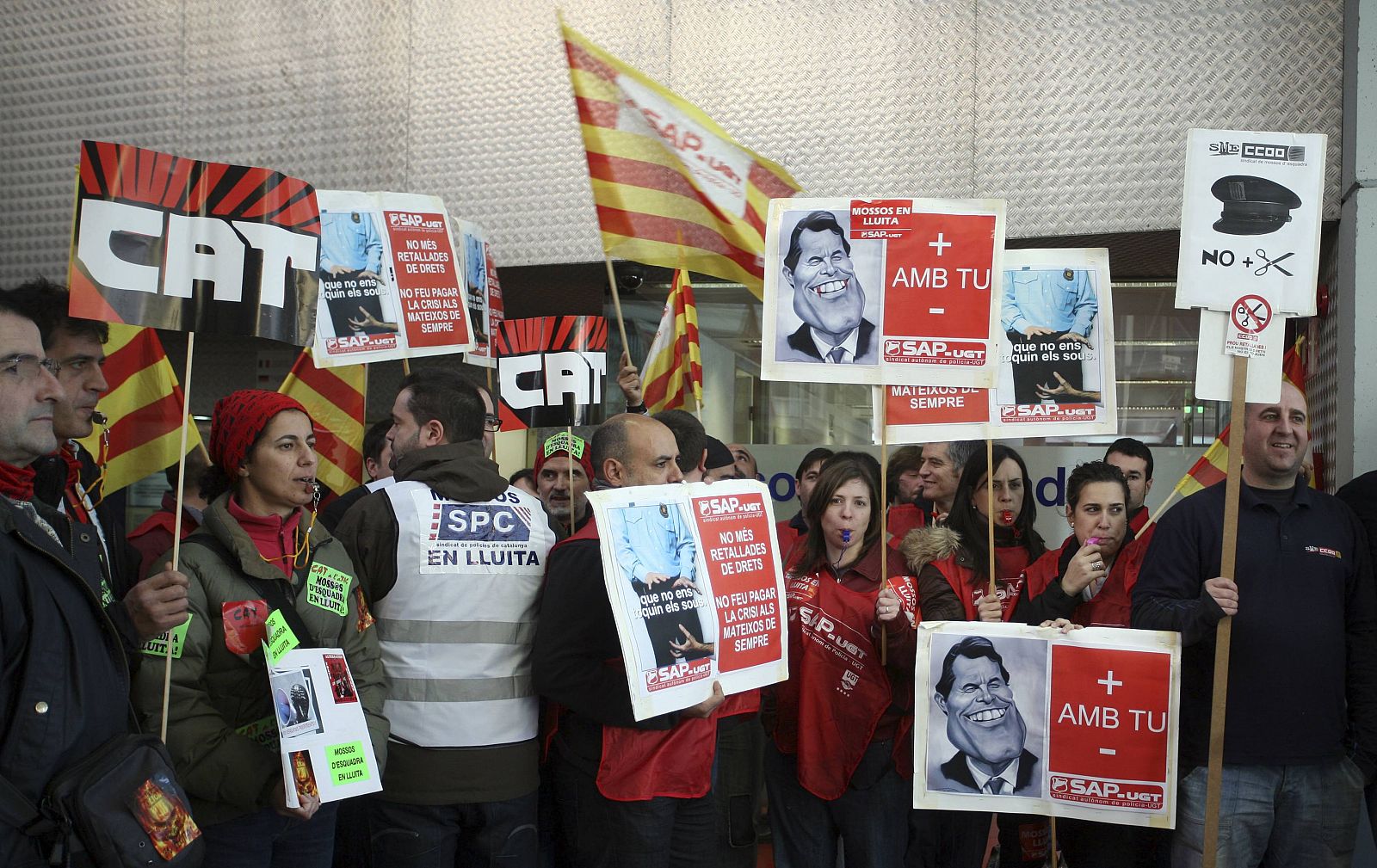 Mossos d'Esquadra police (Catalan regional police) protest against budget cuts in a police station of Barcelona