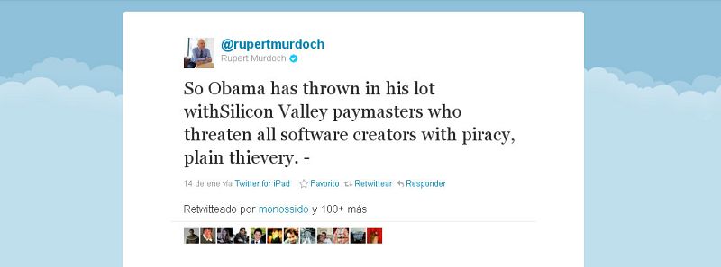 El tuit en el que Rupert Murdoch arremete contra Obama por las críticas de la Casa Blanca a la ley SOPA