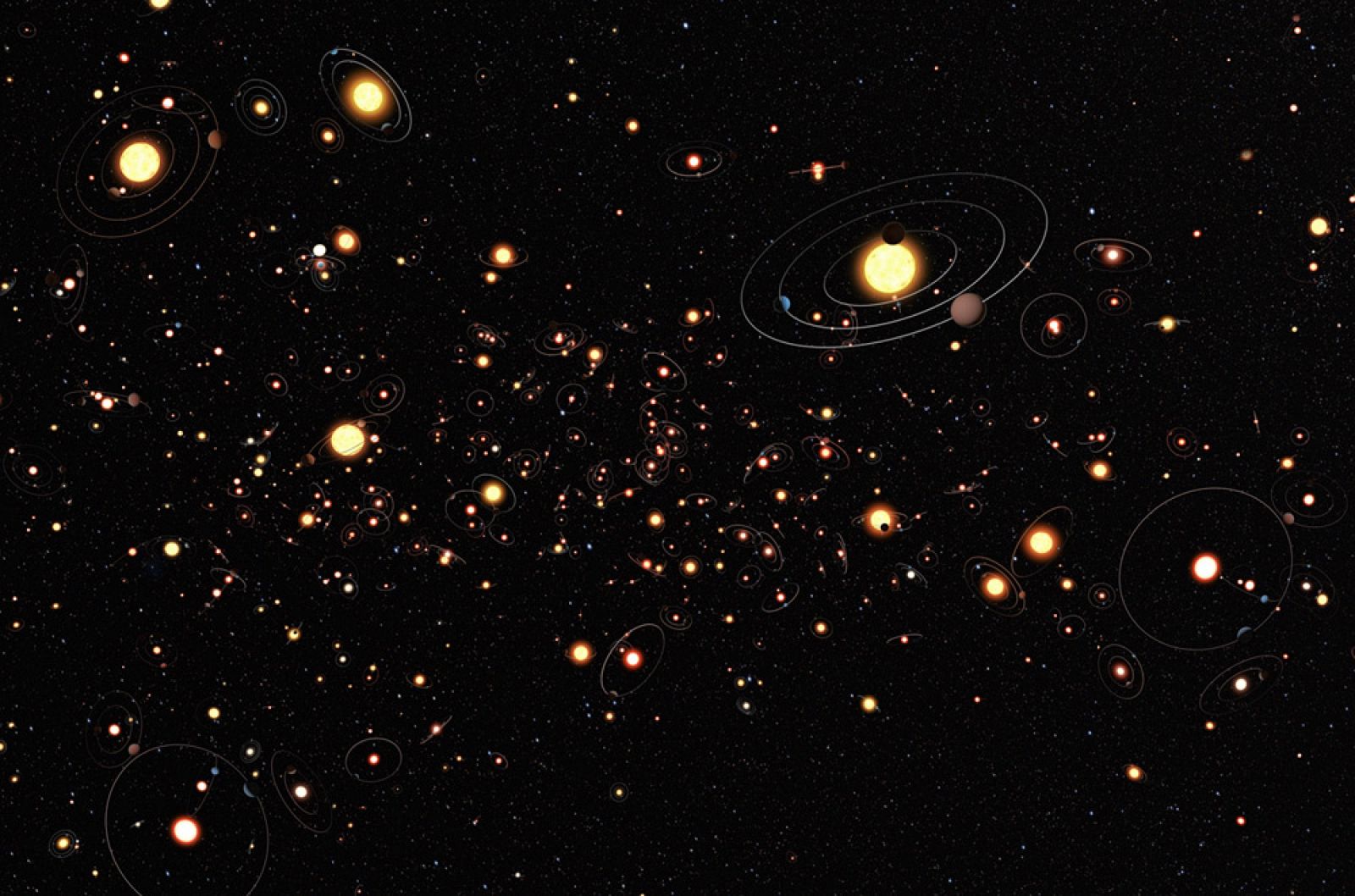 Recreación artística que plasma lo comunes que son los planetas en torno a estrellas.