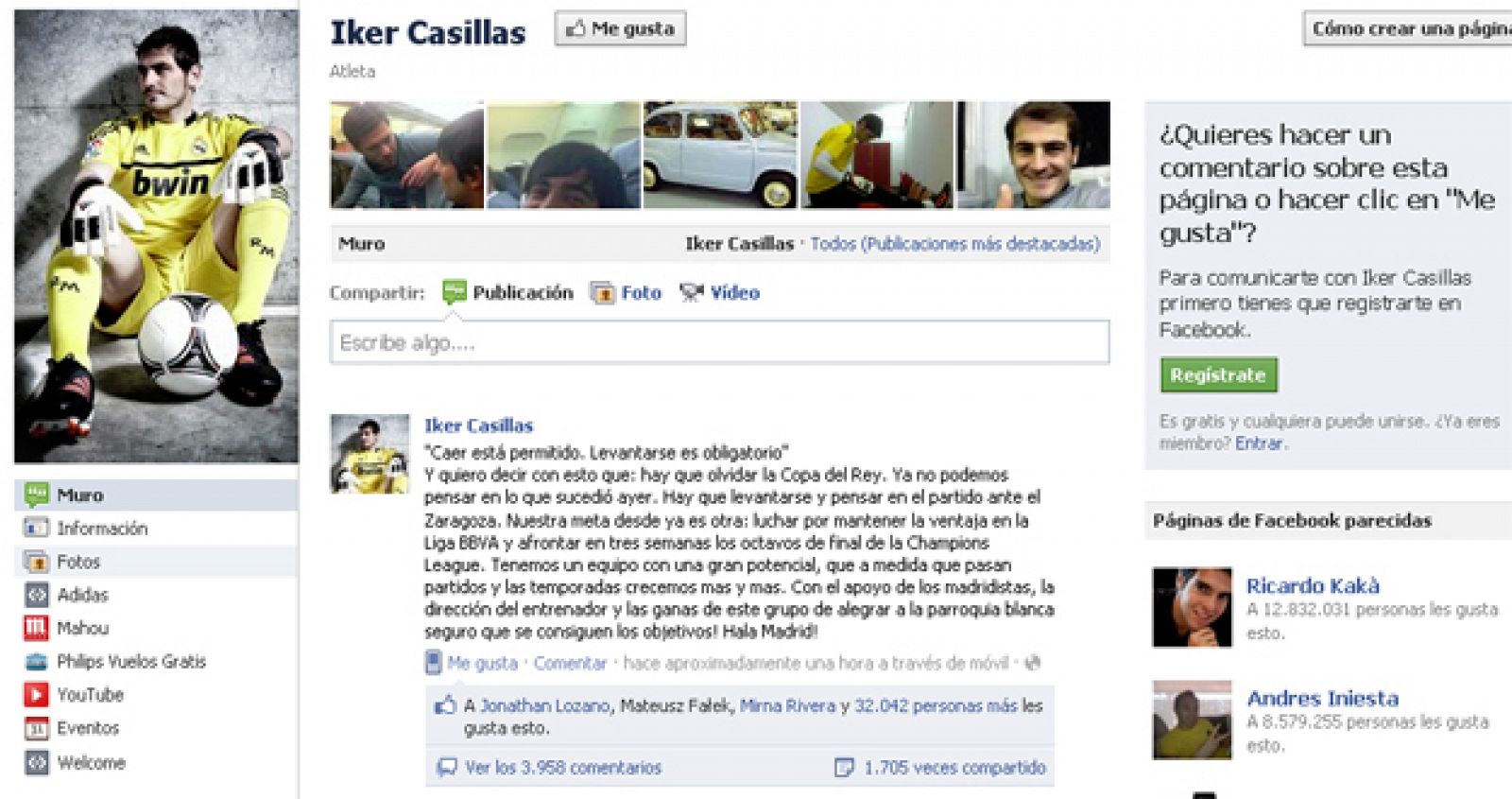 Imagen del Facebook del capitán del Real Madrid, Iker Casillas.