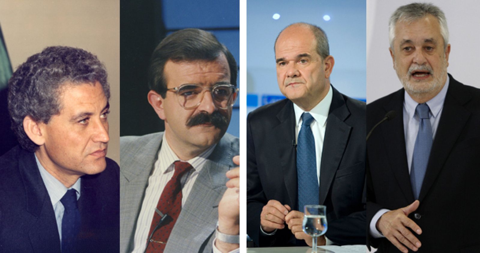 Los cuatro presidentes de la Junta de Andalucía hasta 2012: Rafael Escuredo (1982-84), José Rodríguez de la Borbolla (1984-1990), Manuel Chaves (1990-2009) y José Antonio Griñán (2009-2012).