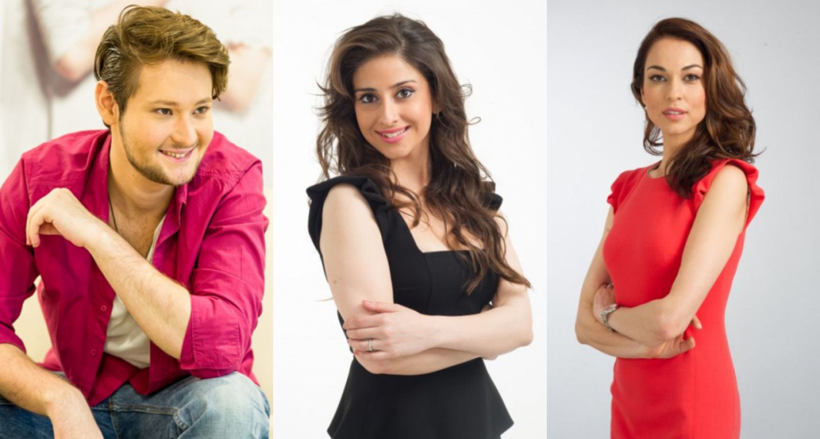 De izquierda a derecha: Eldar, Nargiz y Leyla, presentadores de Eurovisión 2012