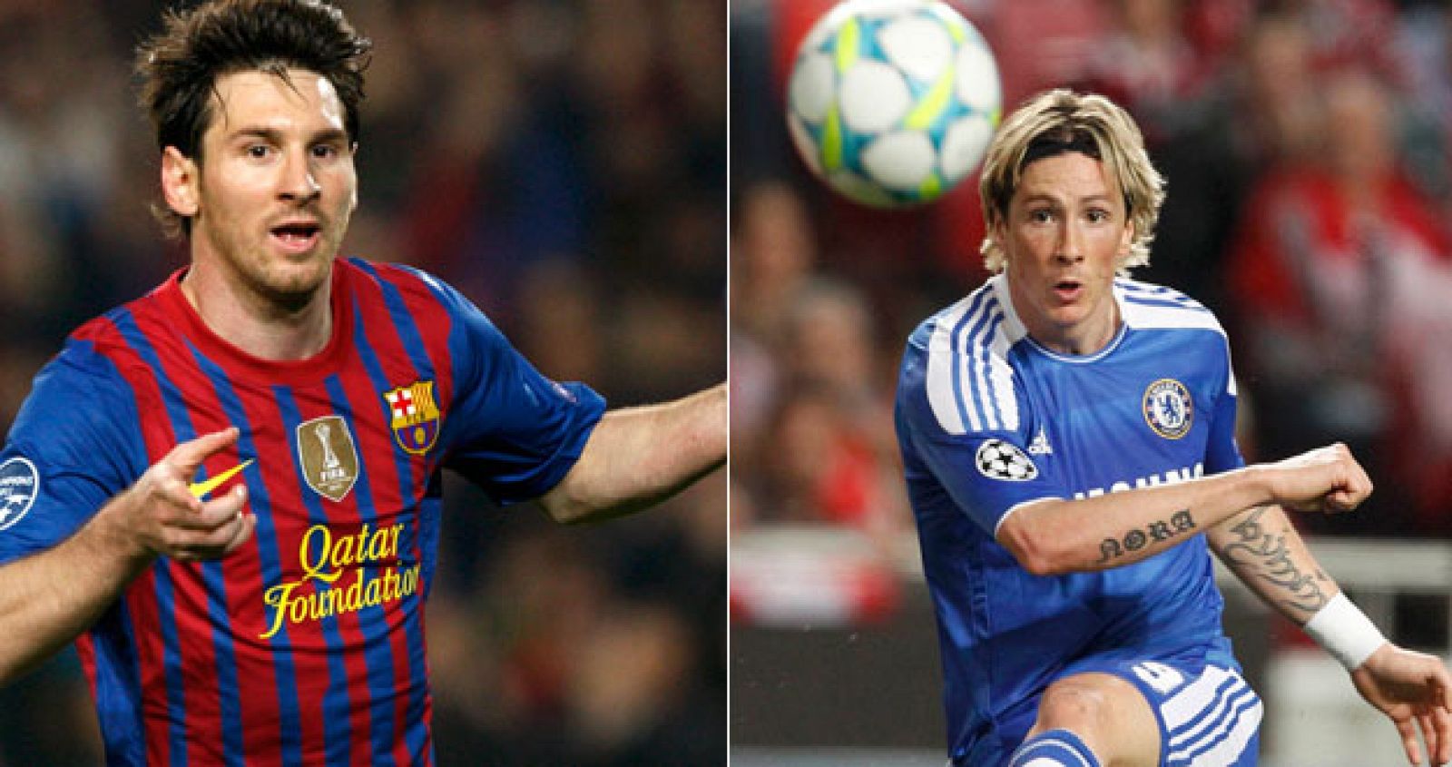 El jugador del Barcelona, Lionel Messi (izq) y el jugador del Chelsea, Fernando Torres (drcha)