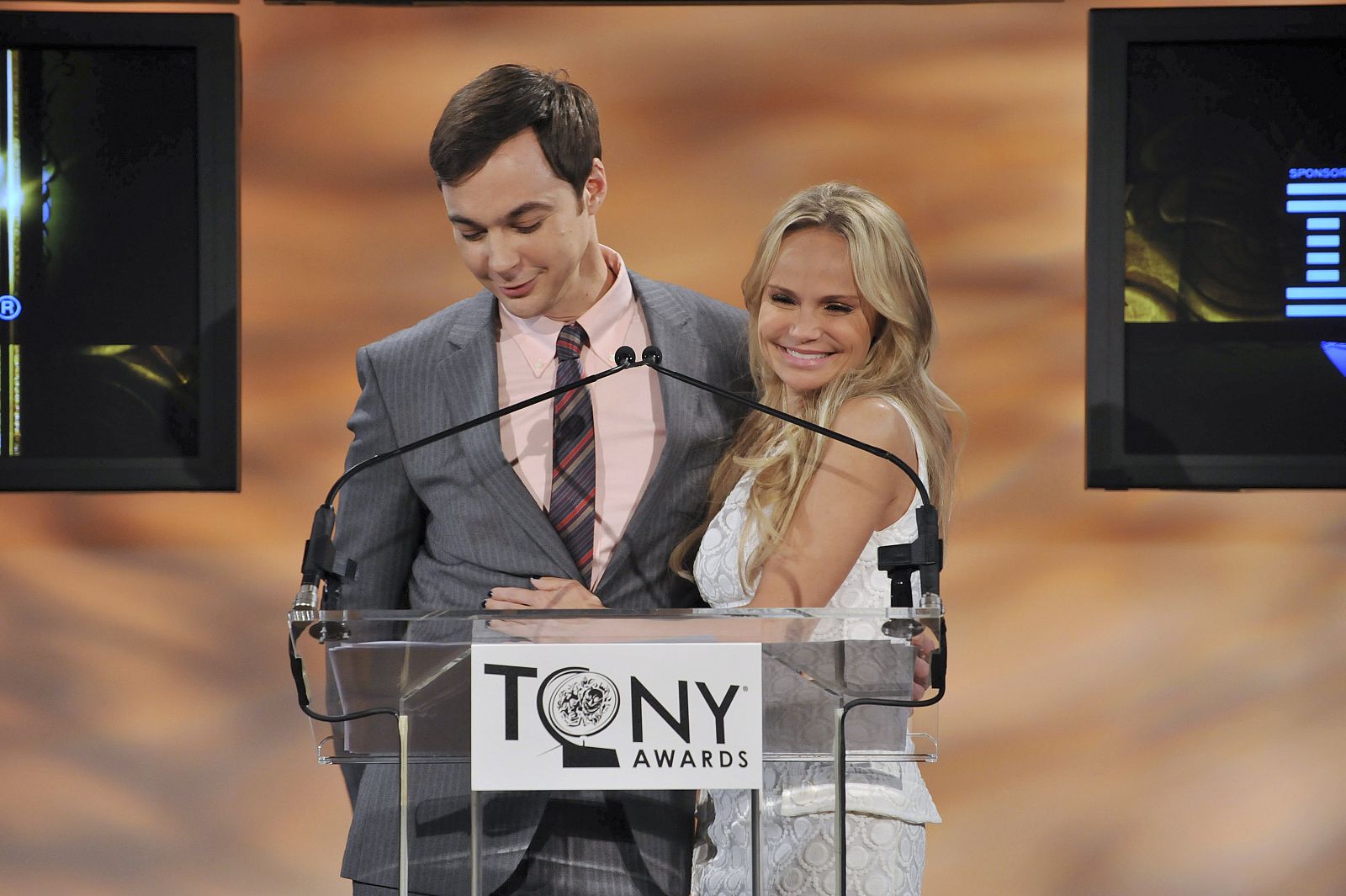 Emmy and Golden Globe winning actor Parsons and Tony and Emmy award winning actress Chenoweth are seen at 2012 Tony Awards Nominations announcements in New York