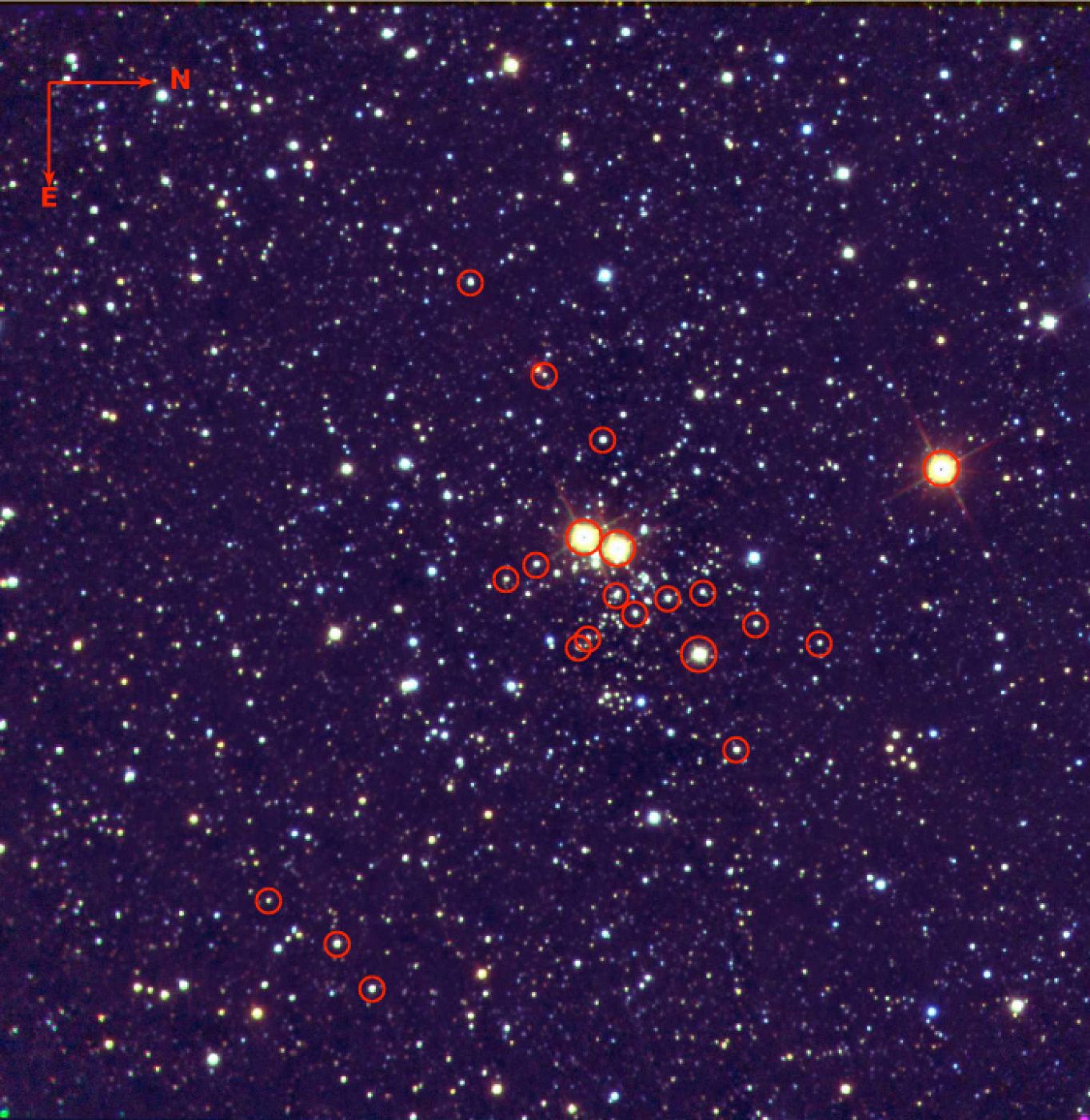 Imagen del cúmulo estelar masivo Masgomas-1 en la que los círculos rojos señalan las estrellas masivas clasificadas por los astrofísicos.