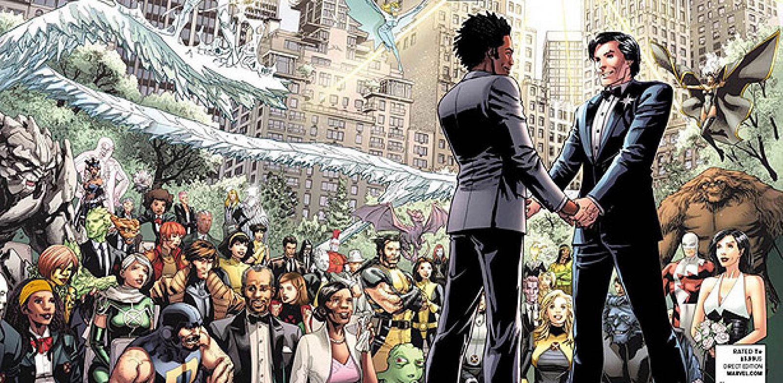 Detalle de la portada del último número del cómic de Marvel "Astonishing X-Men", con la boda de Estrella del Norte, que sale hoy miércoles a la venta en EE.UU.