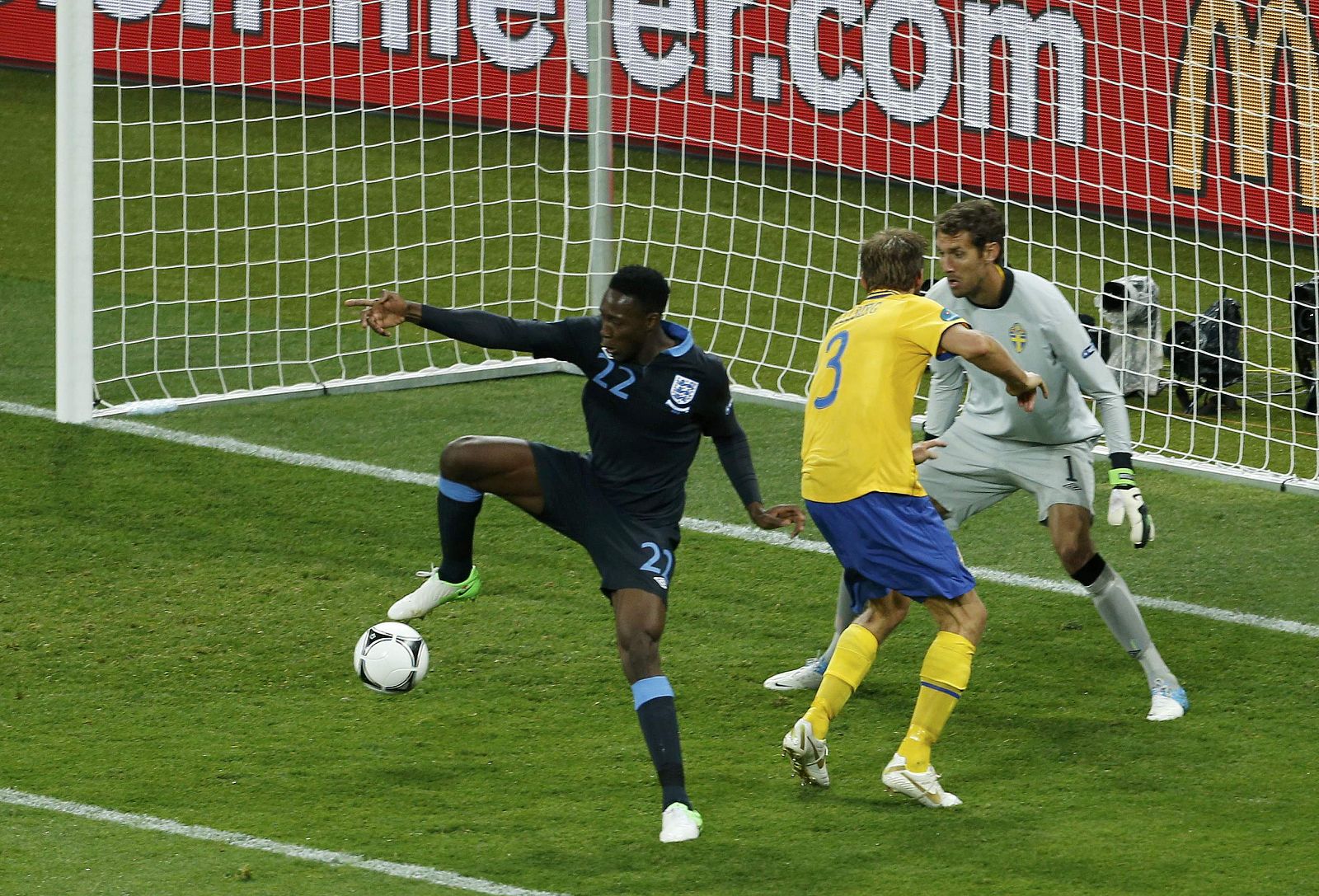 England's Danny Welbeck scores their third goal against Sweden during their Group D Euro 2012 soccer match at the Olympic stadium in Kiev