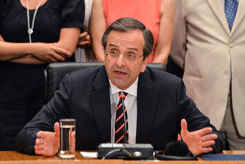El líder de Nueva Democracia, Antonis Samarás, durante la rueda de prensa en la que ha proclamado su victoria