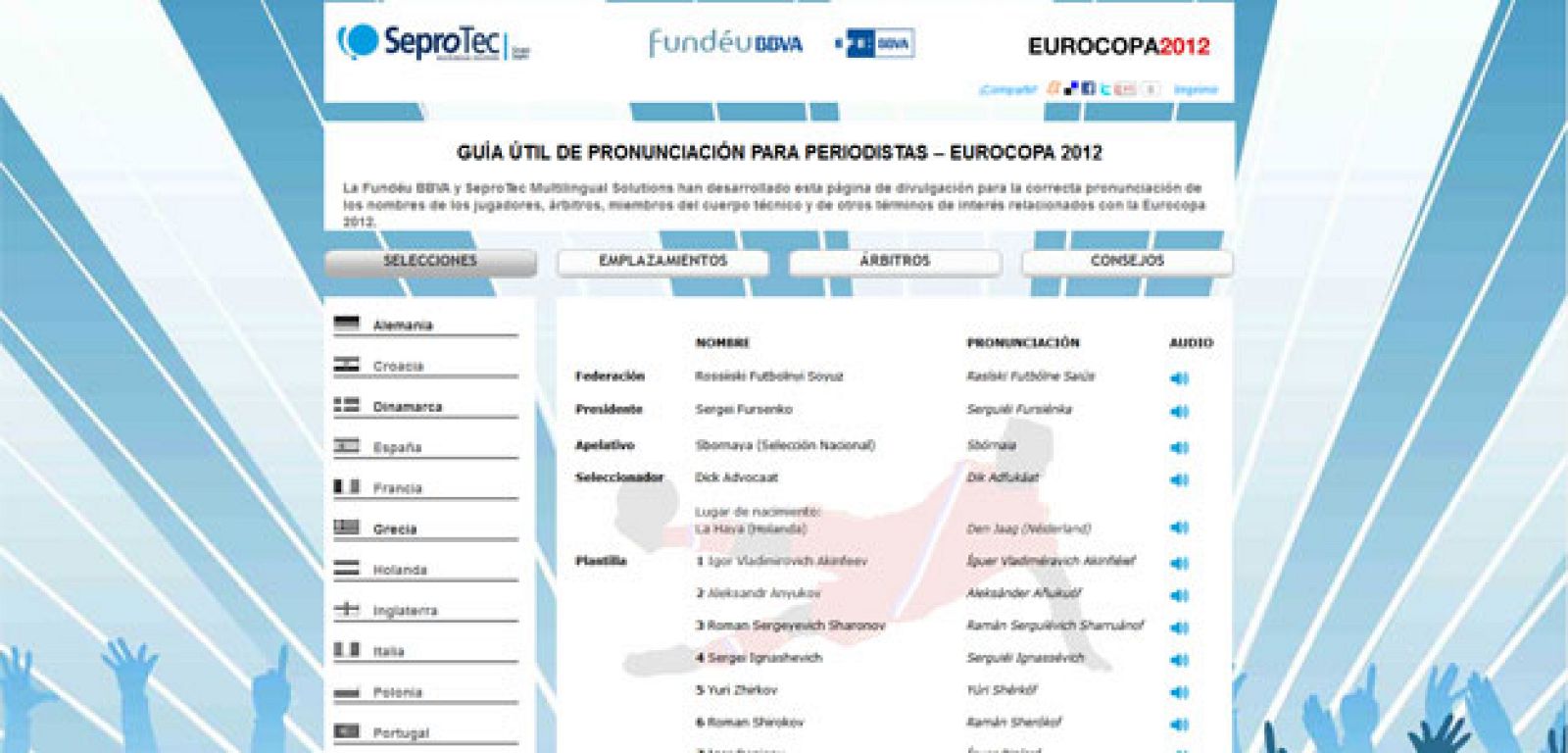 Imagen de la aplicación para la correcta pronunciación de los nombres de la Euro 2012 de la Fundéu.