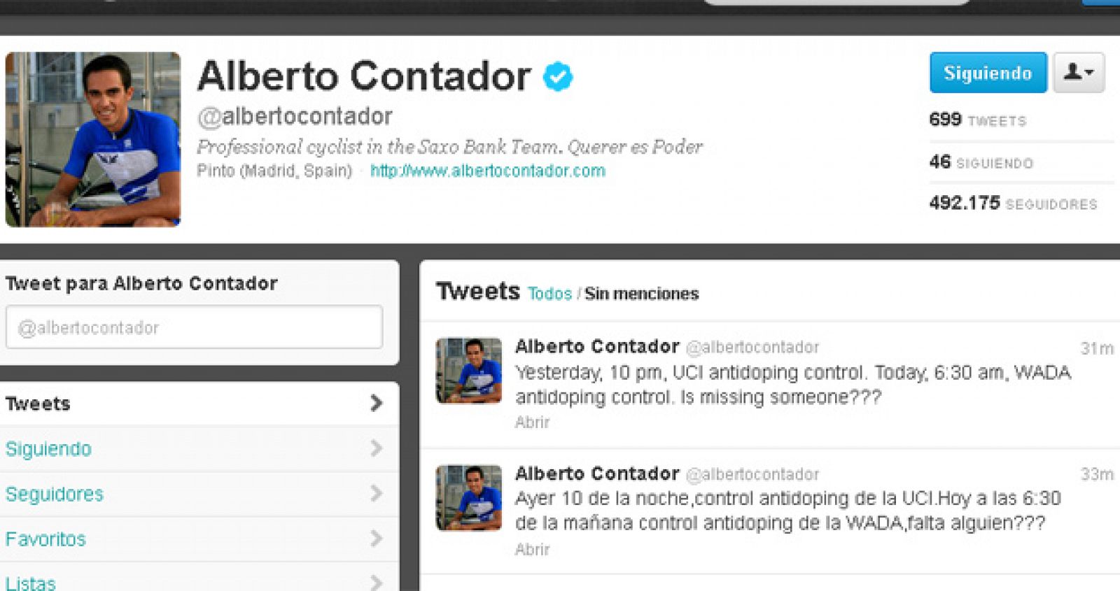 Alberto Contador ha sido sometido a dos controles antidopaje