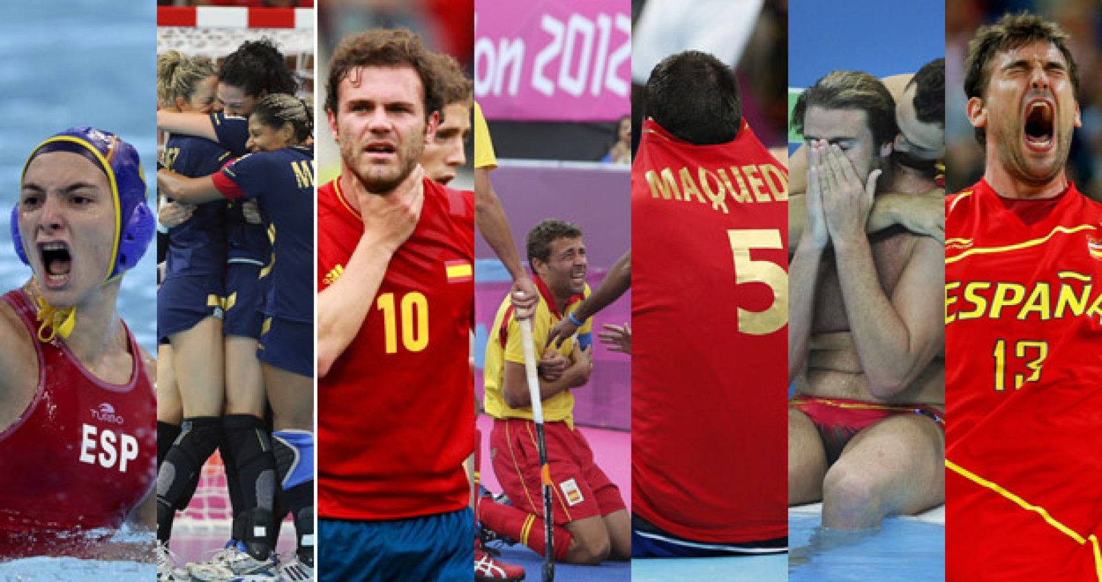 De izquierda a derecha, deportistas españoles de las selecciones de waterpolo femenino, balonmano femenino, fútbol masculino, hockey masculino, balonmano masculino, waterpolo masculino y baloncesto masculino.