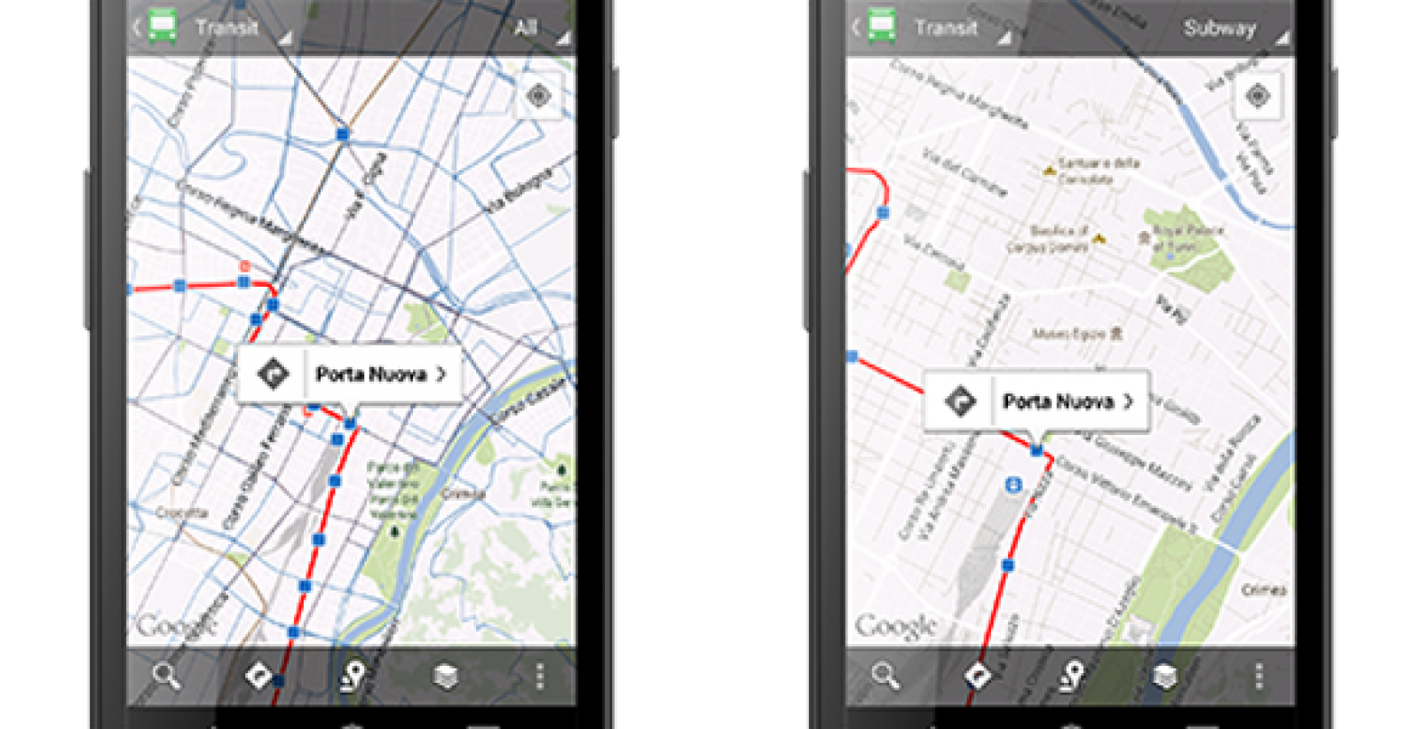 Mapa donde se muestran todos los medios de transporte público (izquierda). En la derecha solo se ven las estaciones de metro