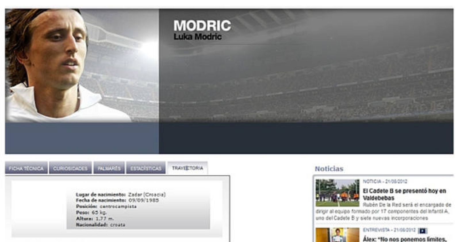 Imagen de la web madridista donde Modric aparecía como jugador blanco.