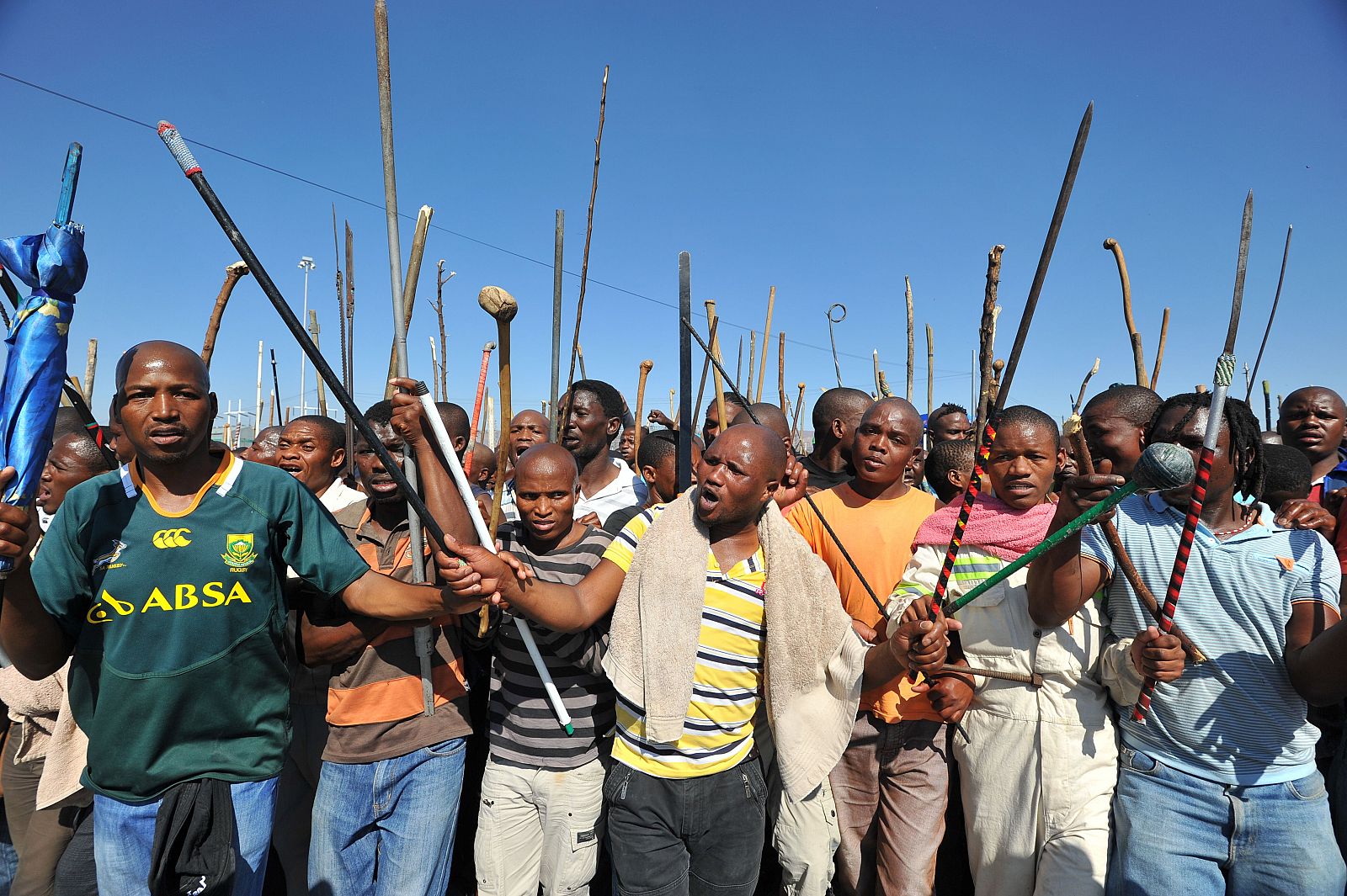 Mineros de la mina Marikana en la manifestación del pasado 10 de septiembre