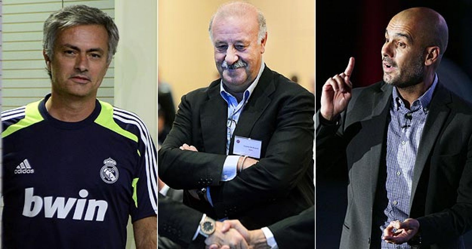 Mourinho, Del Bosque y Guardiola, entrenadores de fútbol.
