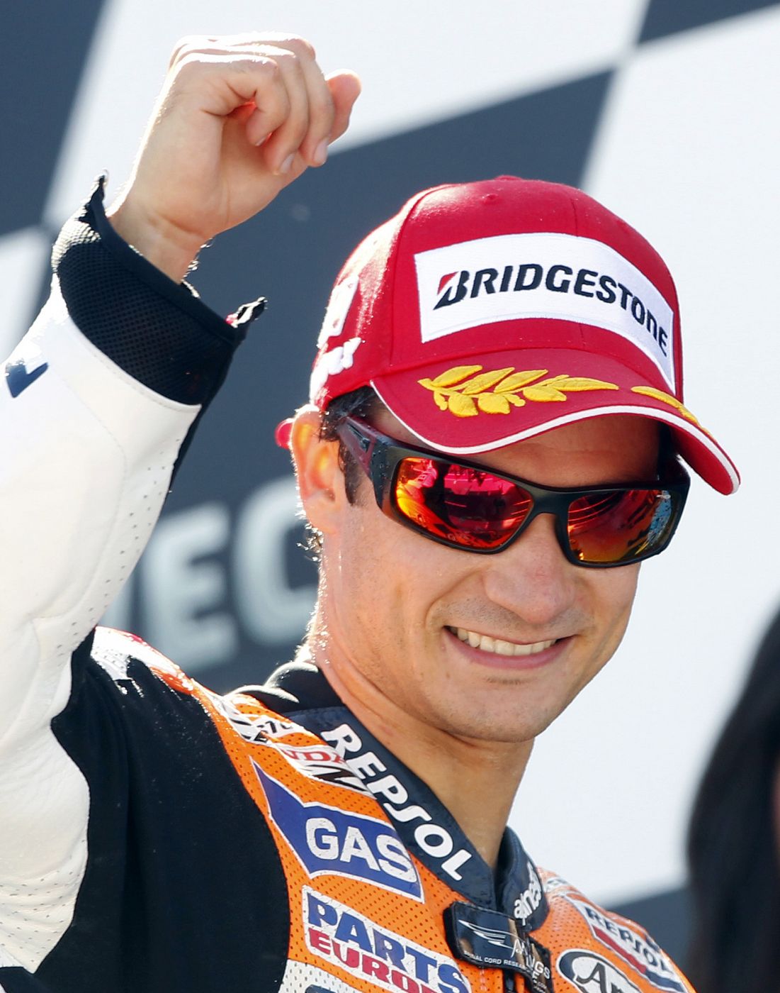 Honda MotoGP rider Pedrosa celebrates his victory at the Aragon Motorcycling Grand Prix at the Motorland circuit in Alcaniz