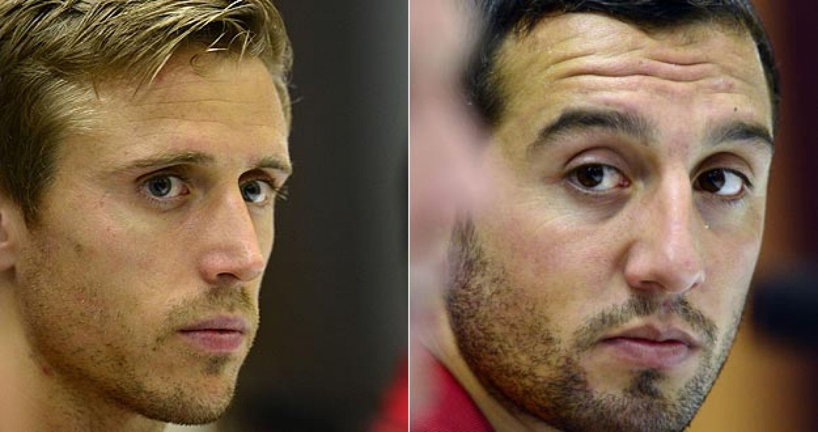 Los jugadores de la selección, Monreal (Málaga) y Cazorla (Arsenal), en rueda de prensa antes de jugar frente a Bielorrusia.