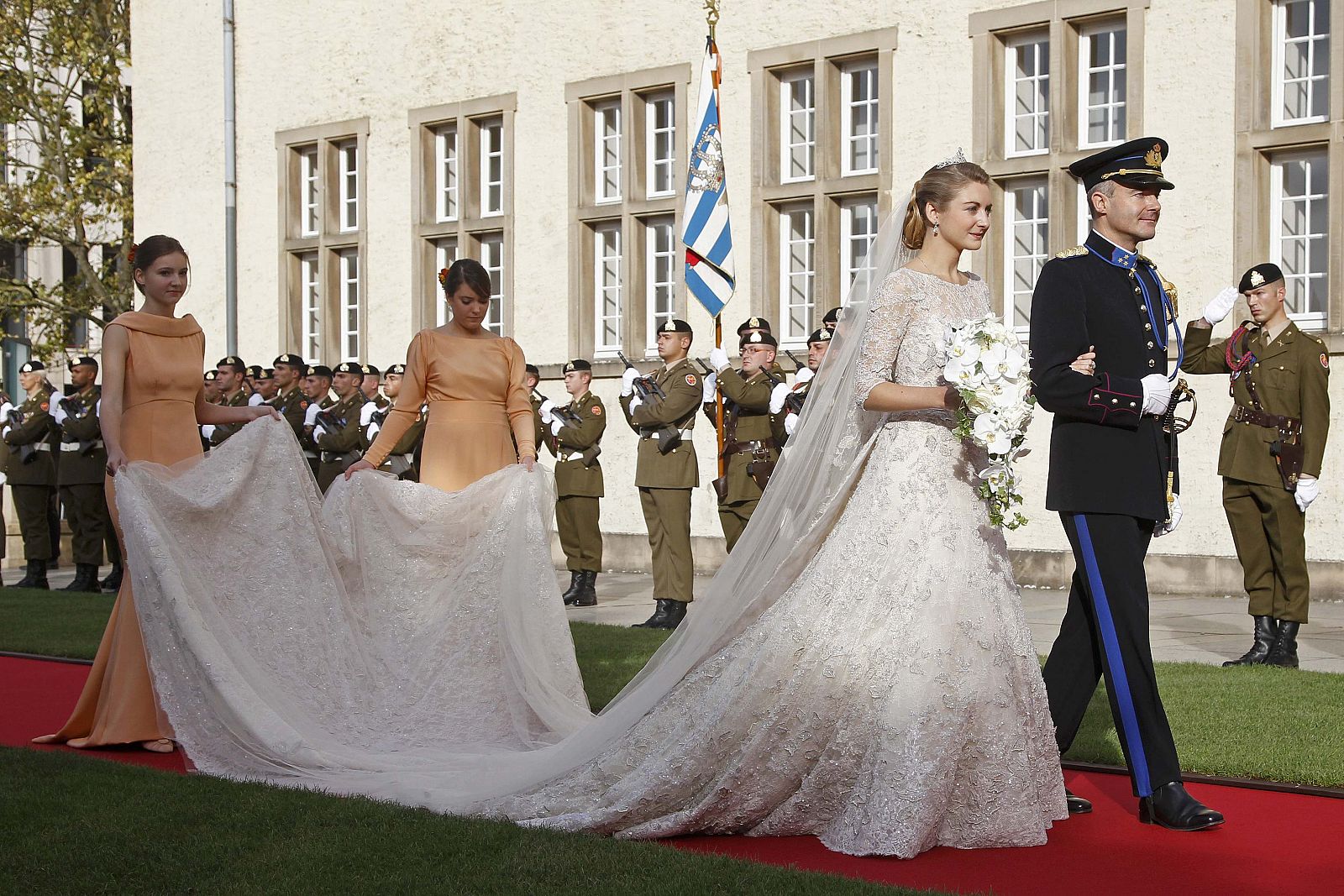 Countess Stephanie de Lannoy arrives for her religious wedding service with Luxembourg's Hereditary Grand Duke Guillaume, at Notre-Dame Cathedral in Luxembourg