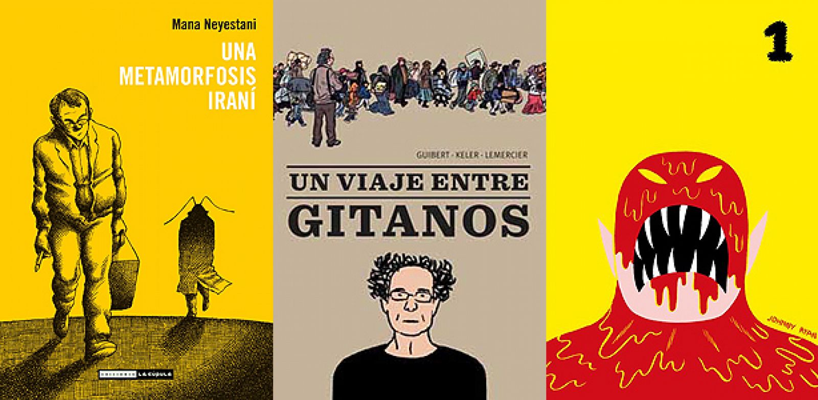 Portadas de 'Una metamorfosis iraní', 'Un viaje entre gitanos' y 'Pudridero'