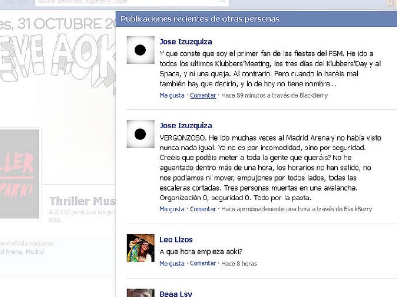 Quejas en Facebook por el exceso de aforo en la fiesta del Madrid Arena