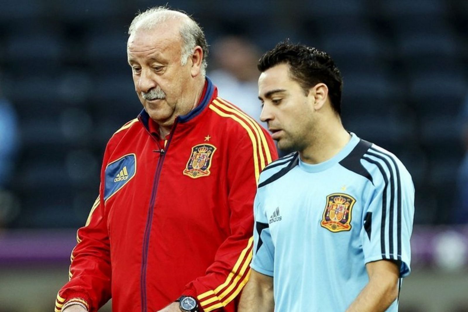 El seleccionador Vicente del Bosque conversa con Xavi Hernandez.