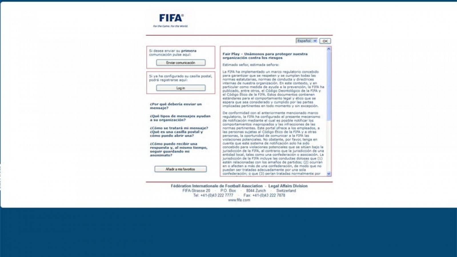 Imagen de la web de denuncias de amaños de la FIFA