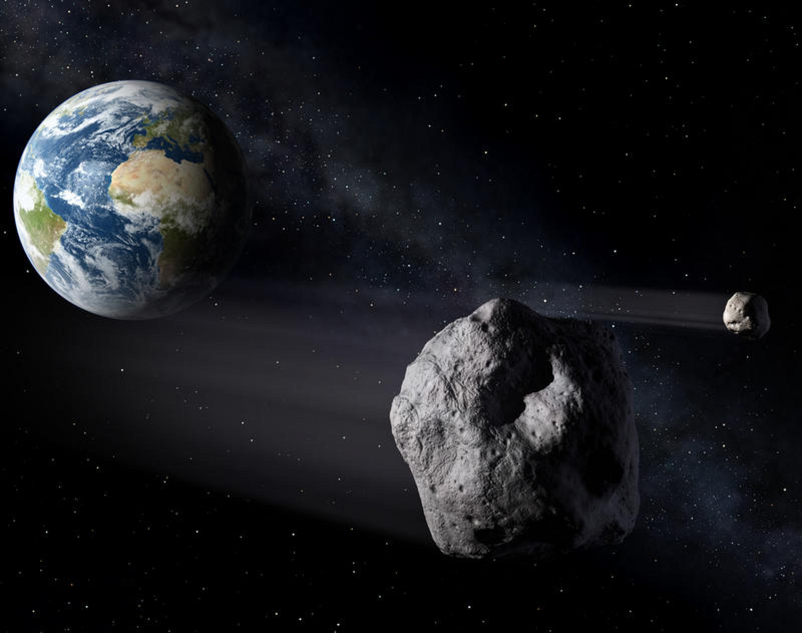 Ilustración recreando el paso del asteroide sobre la Tierra.