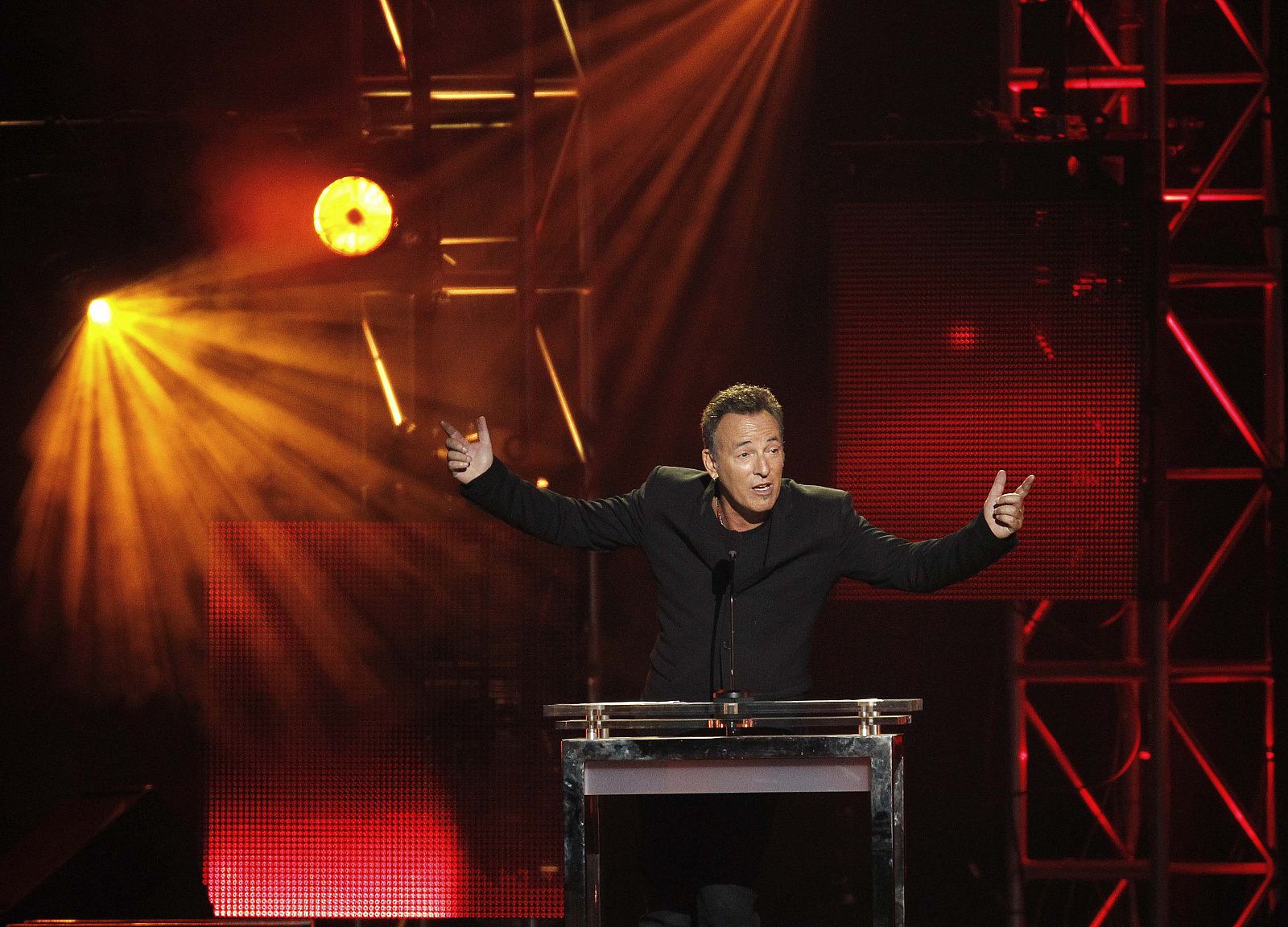 Springsteen speaks after accepting the 2013 MusiCares Person of the Year award at a gala in Los Angeles