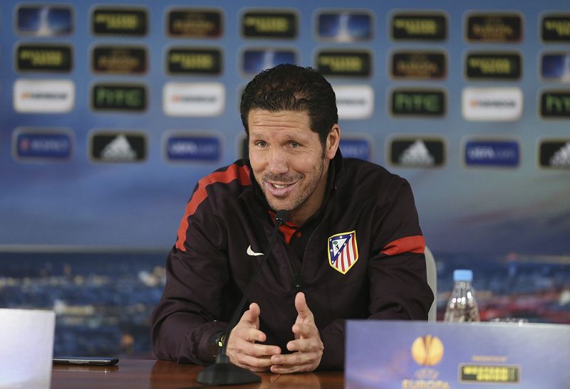 El entrenador del Atlético Madrid, Diego Pablo Simeone, durante una rueda de prensa celebrada en el estadio Luzhniki de Moscú