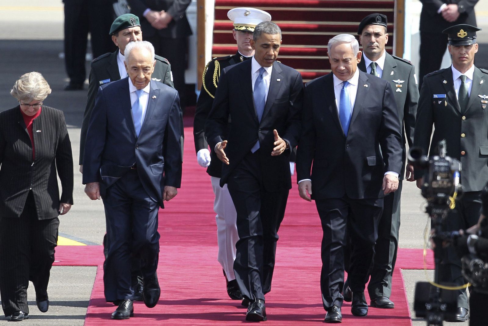 El presidente de Estados Unidos en su visita a Israel, acompañado por el primer ministro israelí Benjamin Netanyahu y el presidente israelí Simon Peres