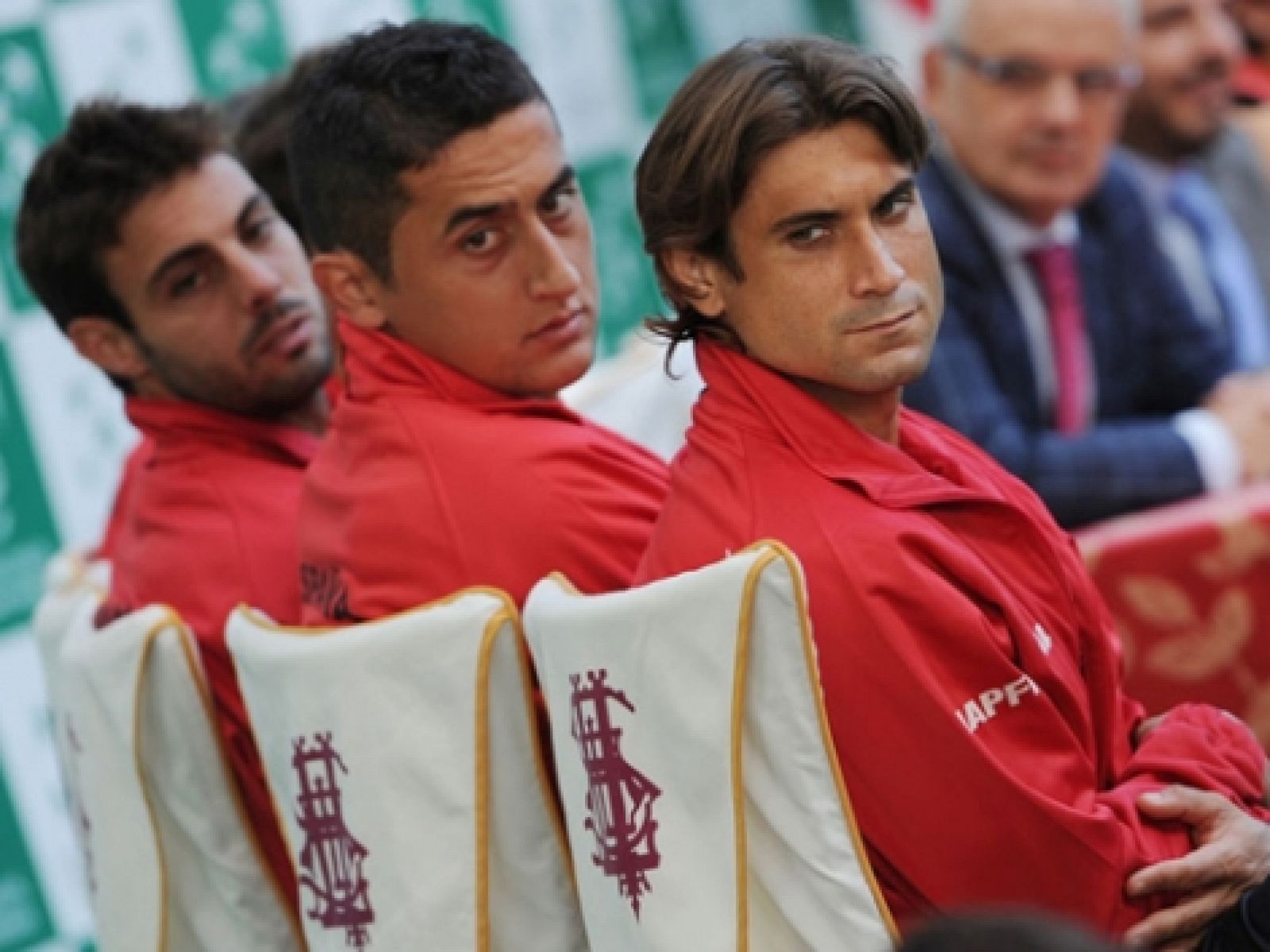 Marcel Granollers (i), Nico Almagro y David Ferrer, jugadores del equipo español de tenis de Copa Davis