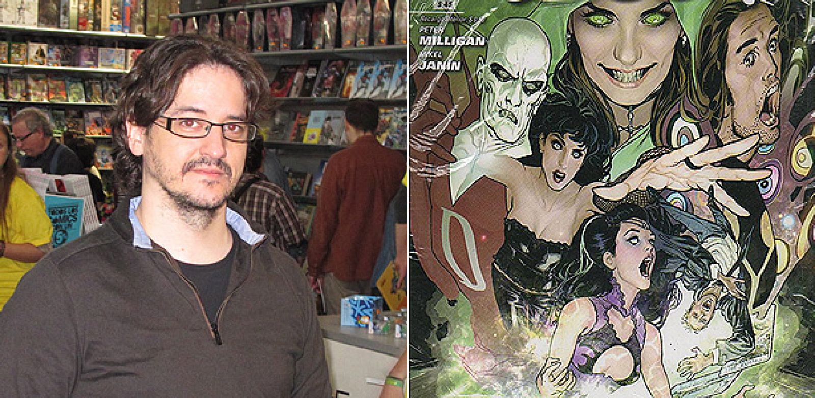 Mikel Janín en el Salón del cómic y fragmento de la portada de 'La Liga de la Justicia Oscura'