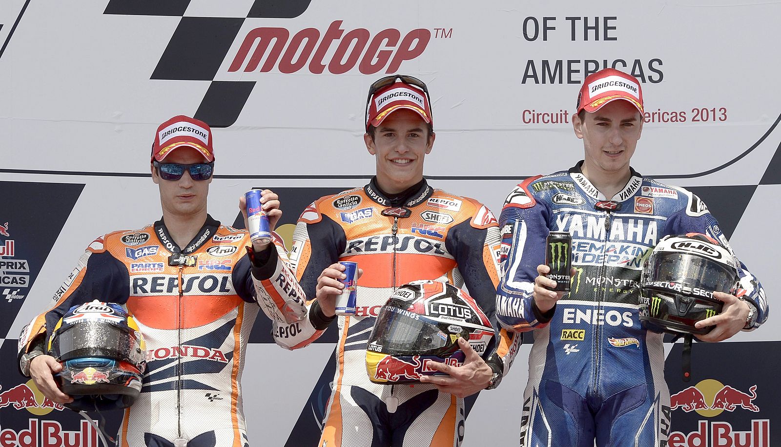 Imagen del podio de Austin compuesto por Dani Pedrosa, Marc Márquez y Jorge Lorenzo.