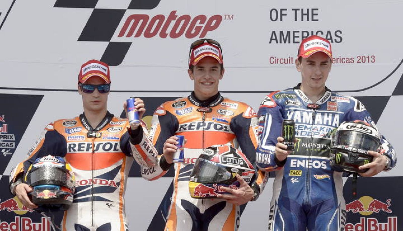 Imagen del podio de Austin compuesto por Dani Pedrosa, Marc Márquez y Jorge Lorenzo.