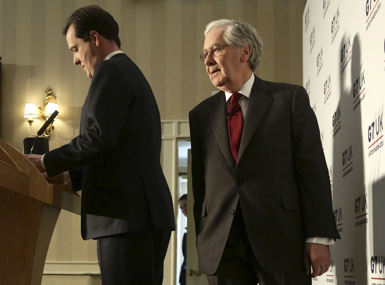 Britain's Chancellor of the Exchequer George Osborne speaks to reporters at thye close of the G7 Finance Ministers and central bank governors summit at Hartwell House in Aylesbury